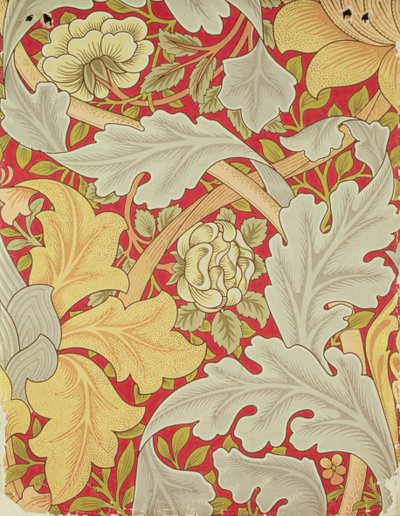 Acanthus blade og vild rose på en karminrød baggrund, tapet design af William Morris