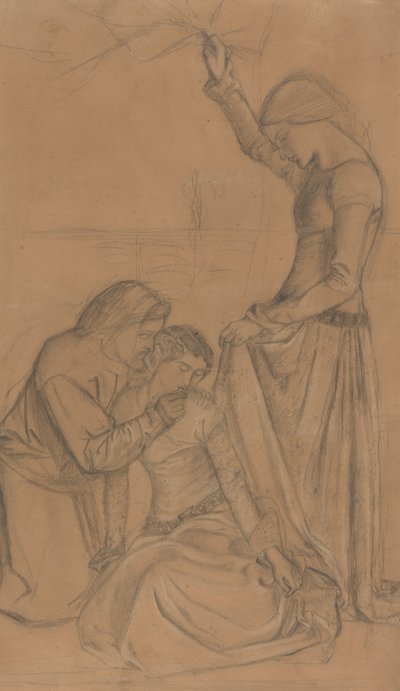 Sammensætning af tre figurer i en have af William Morris