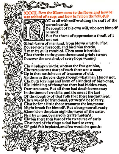 Kelmscott Press: Side fra The Tale of Beowulf Printed in the Troy Type, c.1895, 1914. af William Morris