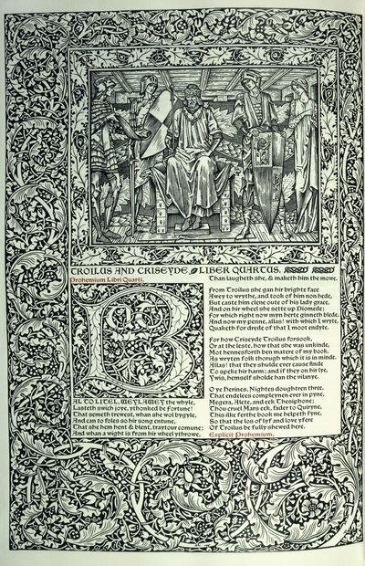 Scene from "Troilus and Criseyde", historiated initial "B", manuscript with full page-border, 1896dani af William Morris