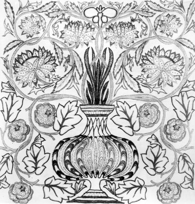 "The Flower Pot", broderet panel designet af William Morris (1834-96) og udført af May Morris (s/h tryk) af William Morris
