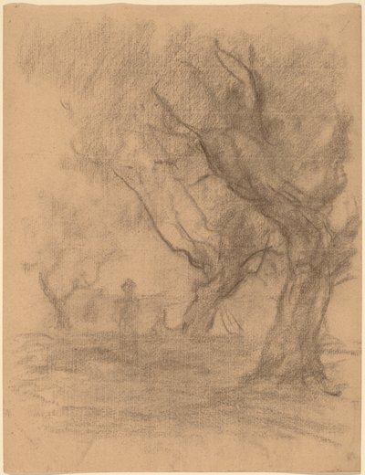 Kvinde stående under to træer af William Morris Hunt