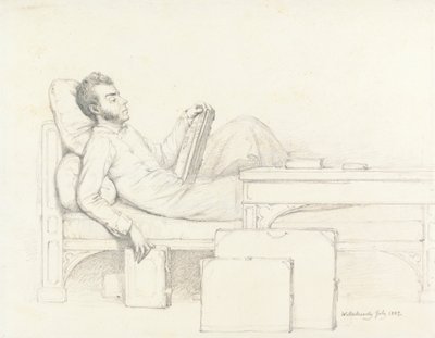 Selvportræt af kunstneren, der ligger på en gotisk sofa, der læser en bog af William Mulready