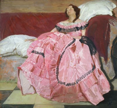 Den lyserøde kjole (olie på panel) af William Nicholson