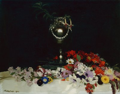Urne og blomster på et bord af William Nicholson