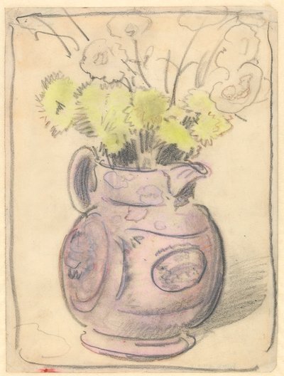 Vase med blomster: gule krysantemum i en glanskande (sort og farvet kridt på papir) af William Nicholson