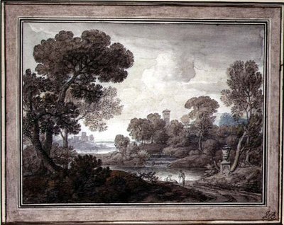 Klassisk landskab, ca. 1770 (pen & blæk og akvarel på papir) af William Oram