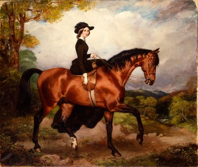 Portræt af Mrs. Thomas Conolly, siddende sidesadel i sort ridevane på en kastanjejæger af William Osborne
