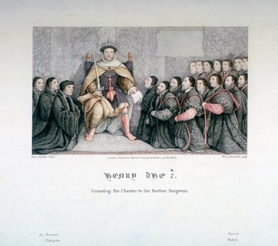 Henry VIII, der giver charteret til Barber Surgeons, 1500-tallet, 1817. af William P Sherlock