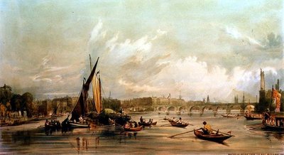 Waterloo-broen fra vest med et bådkapløb (litho) af William Parrott