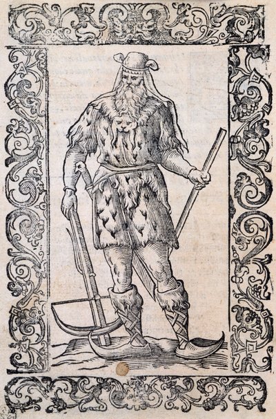 Mand med pelskjole, armbrøst og sko med snoet spids (eksempel på rudimentære ski), illustration tilskrevet Cesare Vecellio (1521-1601), udgivet i Italien i 1500-tallet af Nicolas Toussaint Charlet