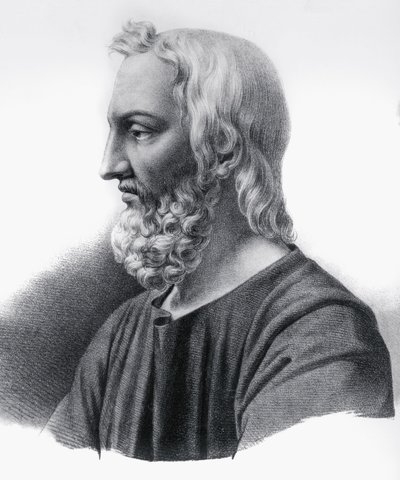 Portræt af Pedanius Dioscorides (cirka 40-cirka 90), græsk læge, botaniker og farmaceut, gravering af Nicolas Toussaint Charlet