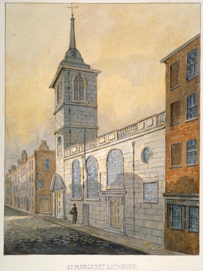 Sydøst udsigt over Church of St Margaret Lothbury, City of London, 1815. af William Pearson