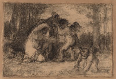 Skovklædt landskab med Putti, der hjælper en kvinde med at klæde sig af af William Perkins Babcock