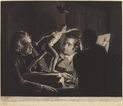 Tre personer, der ser gladiatoren i levende lys af William Pether after Joseph Wright