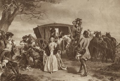 Familie holdt op af den franske landevejsmand Claude Duval (litho) af William Powell (after) Frith