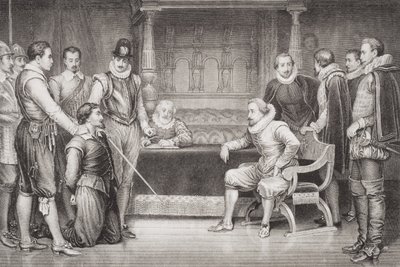 Guy Fawkes (1570-1606) forhørt af James I (1566-1625) og hans råd i kongens sengekammer, fra 