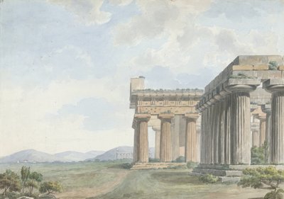 Udsigt i Levanten: Tempelruinerne ved Paestum, ca. 1785 (wc med pen og blæk over grafit på papir) af William Reveley