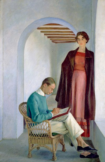 Kunstnerens søn og hans kone eller to figurer i et interiør, ca. 1930-35 (olie på lærred) af William Rothenstein