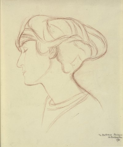 Kvindehoved (Parthenia Passano?) i profil til venstre af William Rothenstein
