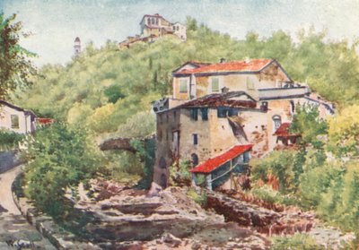 Olivenmølle, Dolcedo (farvelitografi) af William Scott