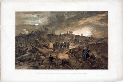 Krimkrigen (1853-1856): episode af belejringen af ​​Sebastopol (Ukraine), franske tropper blandt ruinerne efter indtagelse af Malakoff-tårnet, 8. september 1855 (Efter indtagelsen af ​​Malakoff den 8. september 1855) - Litografi af William Simpson (18 af William Simpson