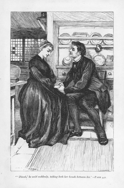 Efter historiens prøvelser og trængsler erklærer Adam Bede sin kærlighed til Dinah Morris, metodistprædikanten. Adam Bede af George Eliot, udgivet første gang 1859. Illustration af William Small (1843-1929) fra en udgave udgivet c1885. af William Small