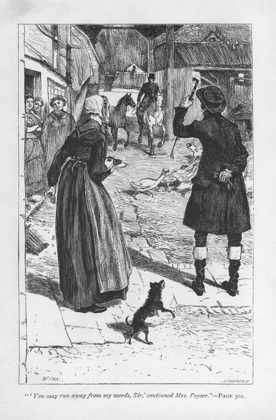 Fru Poyser, hustru til Hetty Sorrels bondeonkel, Martin Poyser, sammen med væbneren Donnithorne, hvis søn Arthur forførte Hetty. Mrs Poyser er muligvis George Eliots mest succesrige tegneseriefigur. Adam Bede af George Eliot, udgivet første gang 1859. Illu af William Small