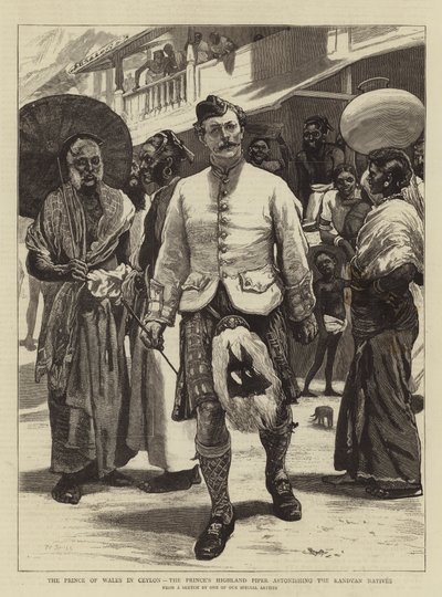 Prinsen af Wales på Ceylon, prinsens Highland Piper, der undrer sig over de indfødte i Kandyan af William Small