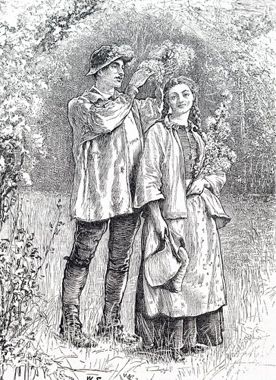 Majdronningens kroning med en krans af tjørn af sin kæreste. Af William Small (1843-1929), en engelsk illustrator af William Small