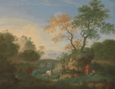 Et landskab med fjerne klassiske ruiner, en bro, figurer og kvæg af William Smith
