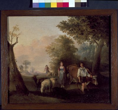 Landskab med kvæg og får (olie på træpanel) af William Snr. (follower of) Shayer