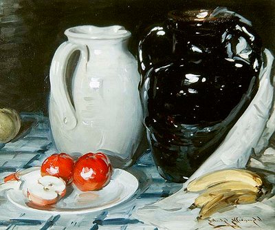 Stilleben med æbler og bananer og en stor kande og vase (olie på bord) af William Somerville Shanks