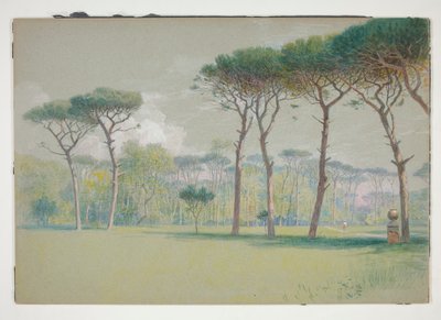 Castel Fusano: Landskab - stor græsplæne og træer af William Stanley Haseltine