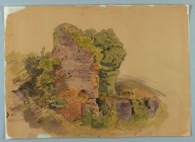 Tårnbase, skitse af ruiner i skov af William Stanley Haseltine