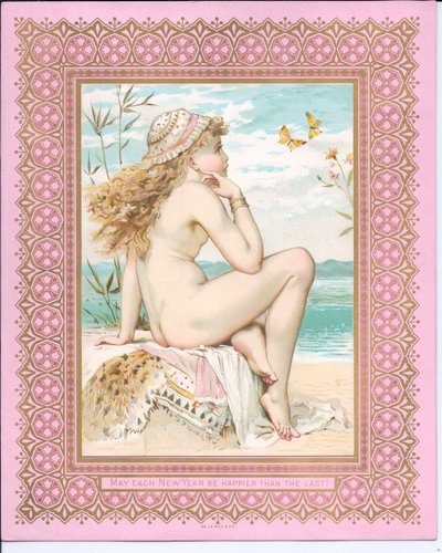 Victoriansk nytårskort af en badende skønhed på en strand, ca. 1881 af William Stephen Coleman