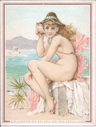 Victoriansk nytårskort af en badende skønhed ved en strand med en skal til øret, ca. 1881 af William Stephen Coleman
