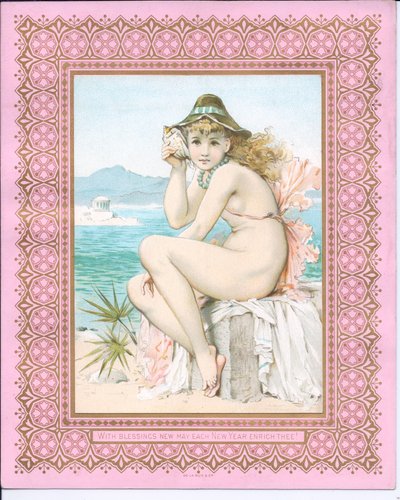 Victoriansk nytårskort af en badende skønhed på en strand, der holder en muslingeskal mod sit øre, ca.1881 af William Stephen Coleman