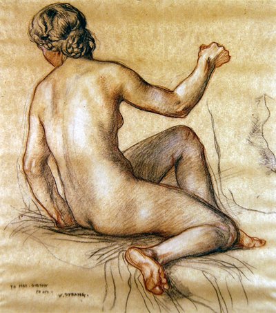 Studie af en kvindelig nøgen siddende bagfra, ca. 1890 (kul, rødt og hvidt kridt på papir) af William Strang