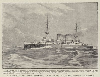 En nyhed i flådemanøvrerne, H M S Juno udstyret til trådløs telegrafi af William T. Maud