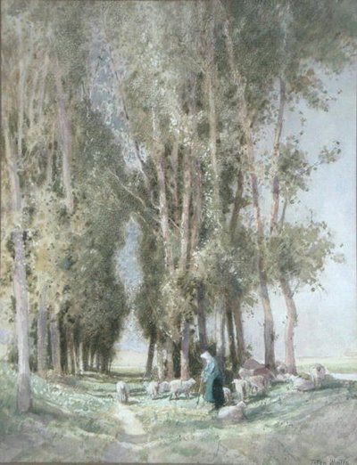 En hyrdinde og hendes flok, Holland (akvarel på papir) af William Tatton Winter