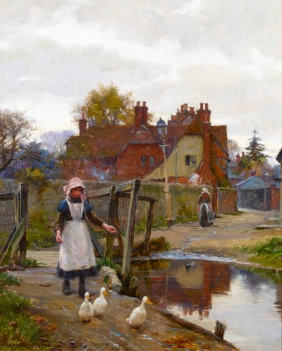 Kører ænderne hjem ved den gamle bro, Abingdon af William Teulon Blandford Fletcher
