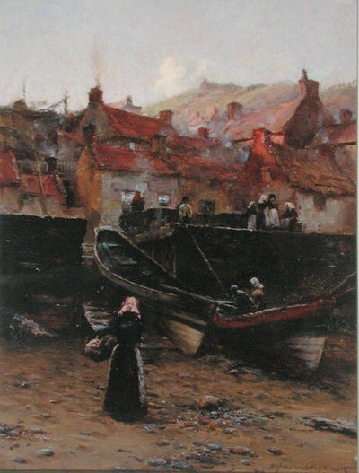 Kaj ved Staithes, Yorkshire (olie på lærred) af William Teulon Blandford Fletcher