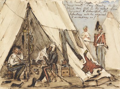 I kavaleriets lejr i Devna (ung kornet) ?Jeg siger Charley, tror du nu, at hvis vi bliver sendt til Sebastopol, vil infanteriet være nødt til at ledsage os?, ca. 1854 (pen og blæk og wc) af William Thomas Markham