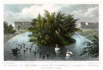 Ø ved søen og en del af Cornwall og Clarence Terraces, Regents Park, London, 1828. af William Tombleson