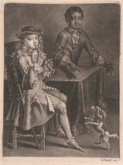 To unge mænd, den ene spiller blokfløjte, den anden peger på en dansende hund af William Vincent