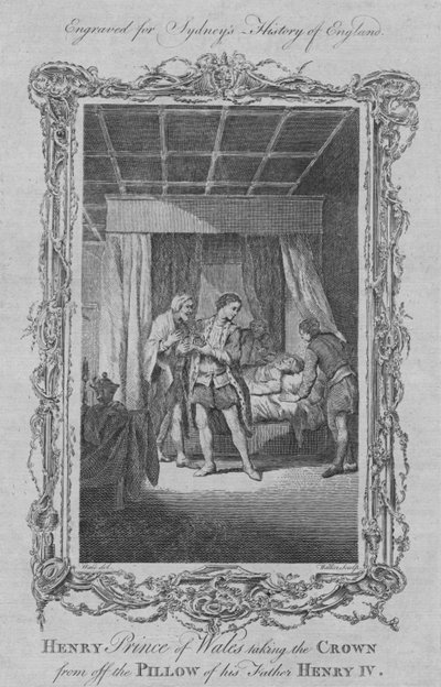 Henry Prince of Wales tager kronen fra denne fars hovedpude, Henrik IV, 1773. af William Walker