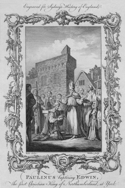 Paulinus døber Edwin, den første kristne konge af Northumberland, i York, 1773. af William Walker