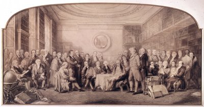 Videnskabens eminente mænd i 1807-1808. Møde i biblioteket på Royal Institute of Sciences, England. Gravering af William Walker og Sir John Gilbert (1817 - 1897) - Eminent Men of Science Living in 1807 - Eminent Men of Science af William Walker