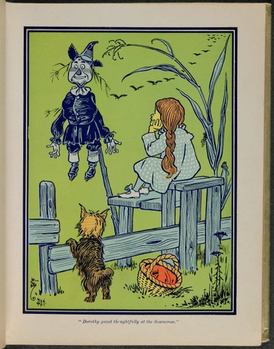 "Dorothy kigger eftertænksomt på fugleskræmslet", Illustration fra "Den vidunderlige troldmand fra Oz" af Lyman Frank Baum af William Wallace Denslow